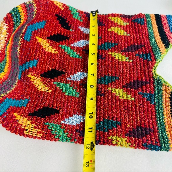 Shoulder Bucket Bag Red Crocheted Design Hippie Boho Purse Aztec Crossbody - Picture 9 of 12